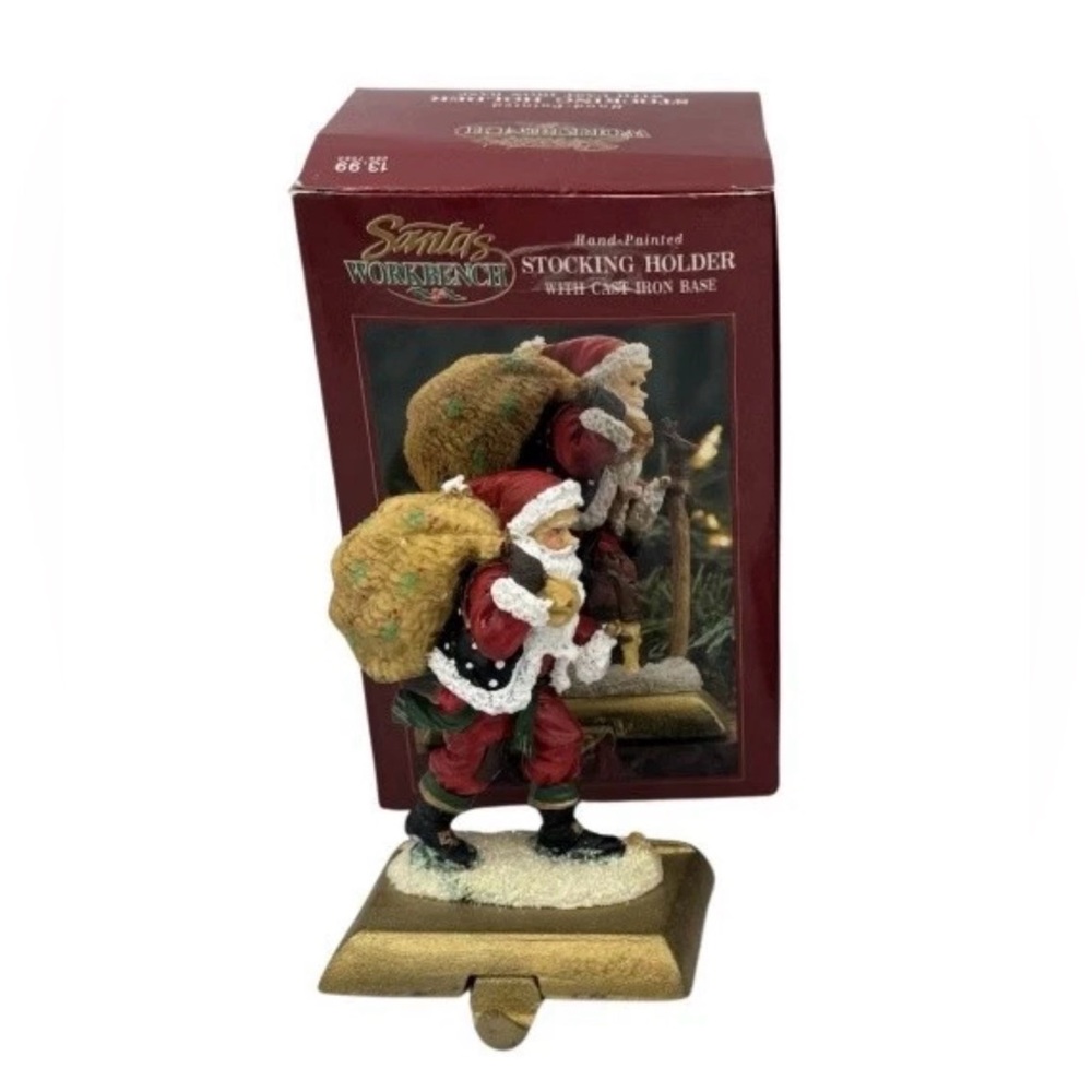 Vintage Santa’s Workbench Hiking Santa Stocking Holder Hand Painted Cast‎ Iron